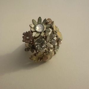 Gold Pastel Flowers and Butterflies Enamel Statement Ring